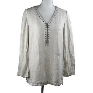 Michael Kors Women Oatmeal Linen Tunic Top V Neck Silver Studs Zippers Small